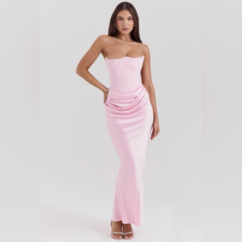 House of CB Persephone Pink Rose Shadow Strapless Corset Maxi Dress